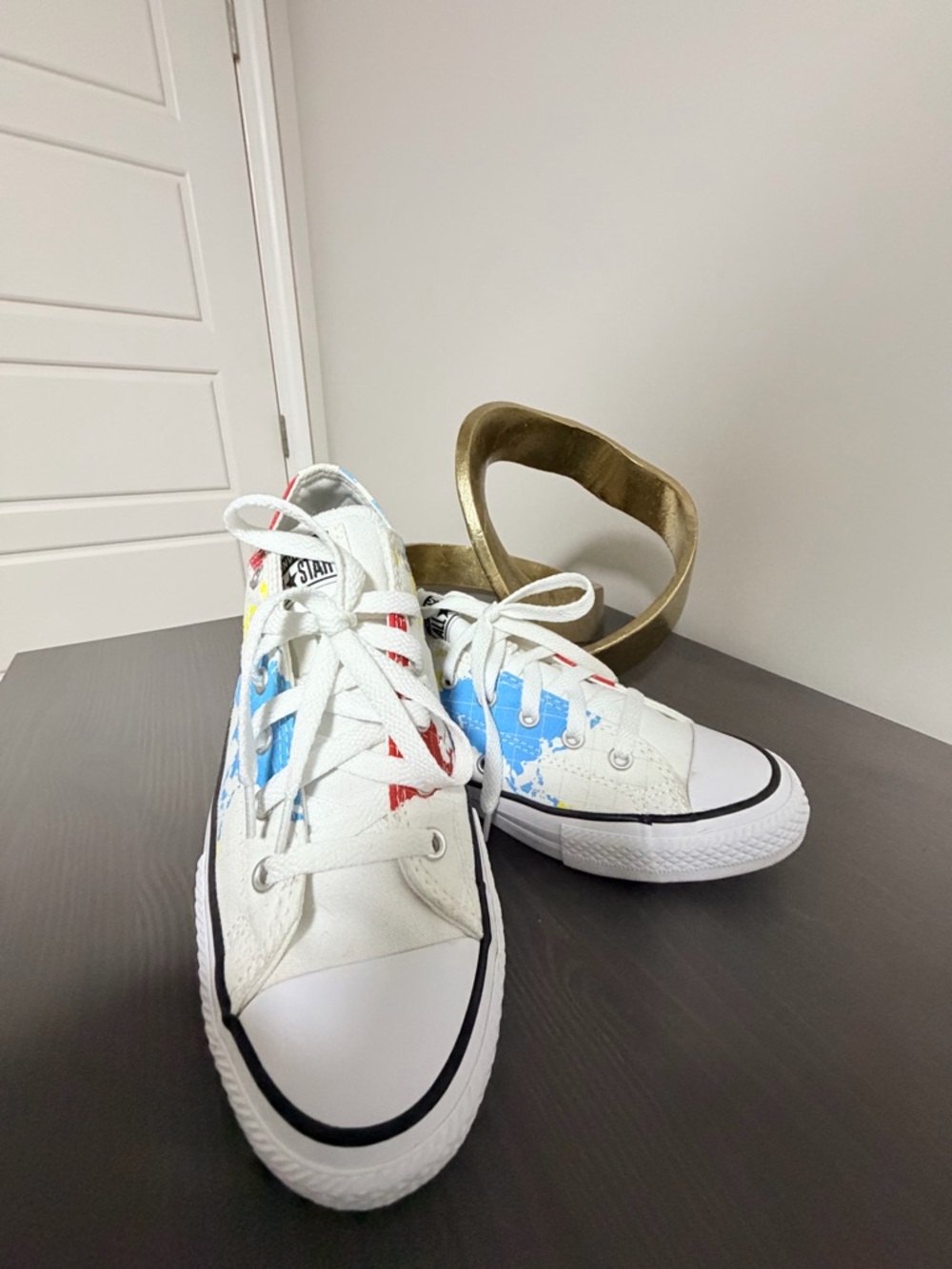BIG kids White Canvas Sneakers with Blue & Red Paint-Style Accents